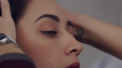 Woman Gets Her Hair Styled in Salon, Close Up