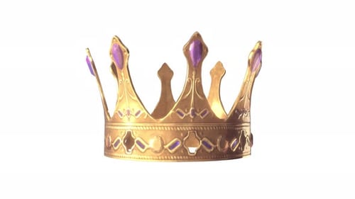 Majestätische goldene Krone mit rotierenden Edelsteinen auf weißem Hintergrund in einem klassischen königlichen Design