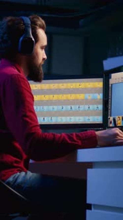 Video Editor Working at Computer in Dark Office