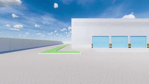 Edificio industrial moderno con puertas de garaje azules bajo un cielo azul soleado
