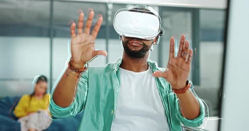Virtual reality metaverse, augmented reality vr and black man work on cyber dashboard