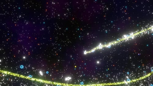 Leuchtend gelbe Weihnachtsbaumanimation mit weißem und blauem Licht und durchfliegenden Partikeln