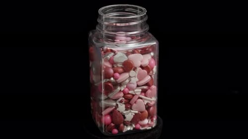 A jar of sugar decorations in the form of hearts and multicolored balls is spinning in a loop on a b