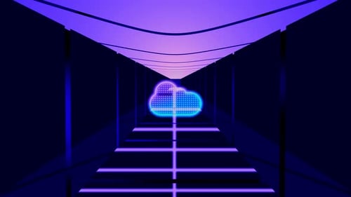 Cloud computing, Downloading icon. A computer server room and the cloud is glowing and Scene