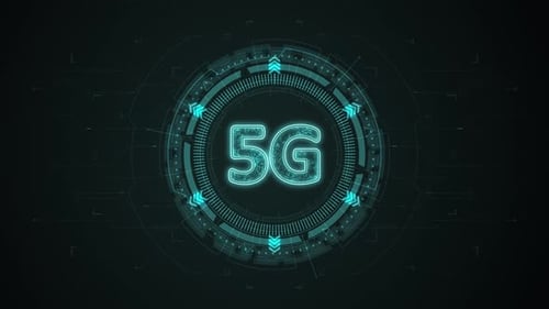 Blue digital 5G logo with rotation HUD circle technology interface and futuristic elements