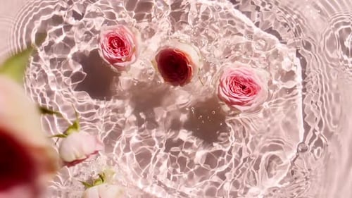 Zeitlupe fallender Rosen auf der Wasseroberfläche und divergierender Wasserkreise auf rosafarbenem Hintergrund