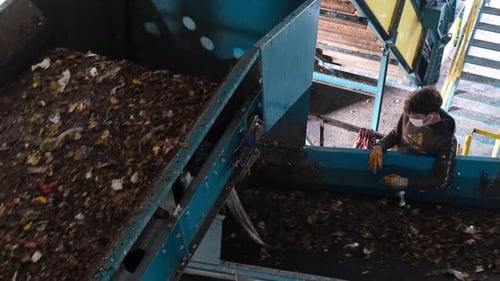 Worker Sorting Garbage Moving On Belt At Recycling Plant