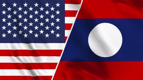 USA and Laos National Flags Waving Smoothly