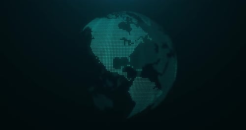 Earth in space, digital globe rotation, dot and particle abstract hologram, big data