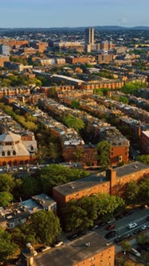 Rows of blocks of flats in the residential area of Boston. View of rooftops and streets from top.
