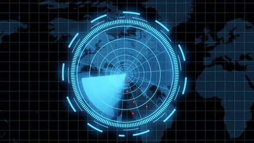 Futuristic Global Radar Scanner with Digital World Map HUD