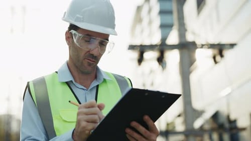 Engineer Writing on Clipboard at Construction Site