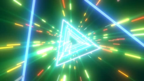 Abstrakte grüne Energie, futuristischer Hightech-Tunnel aus fliegenden Dreiecken und Linien