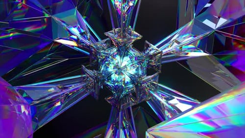 Columns of Diamond Connected in the Center By a Luminous Cube Rotate on an Abstract Background