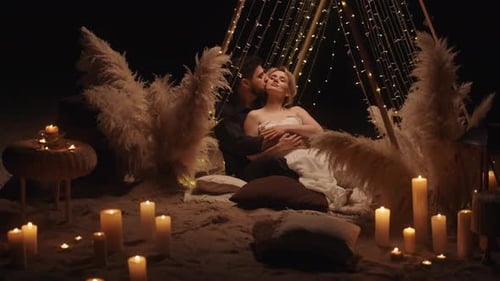 Romantic Date On Beach In Night Handsome Bearded Man Embracing Beautiful Woman