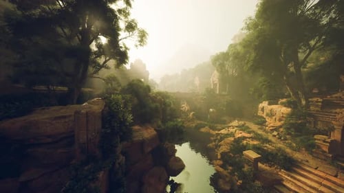 Serene Adventure Landscape Ancient Ruins Surrounded By Lush Foliage and Water
