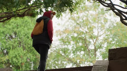 Solitary Hiker Ascending Individual Climbs Mossy Stairs Peacefully Quiet Figure in Yellow Backpack