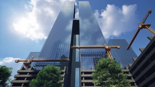 Edificio de gran altura con una grúa amarilla