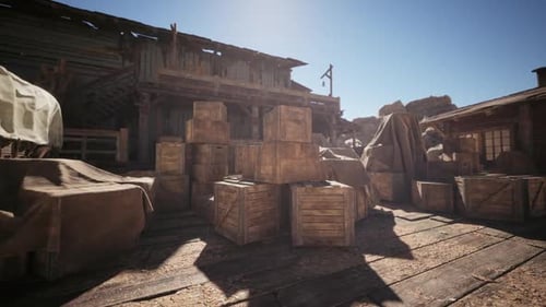 Animated 3D Western Town Background with Wooden Crates