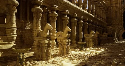 Ancient Temple Ruins Showcasing Intricately Carved Horse Sculptures in Sunlight