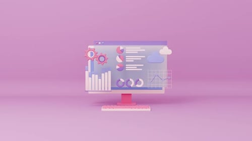 Animación del monitor de la computadora y gráficos 3D, diagrama financiero y gráficos