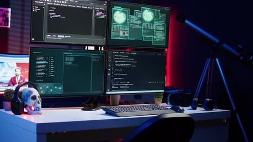 Close Up of Code Running on Computer Displays in Empty Apartment Used By Hacker