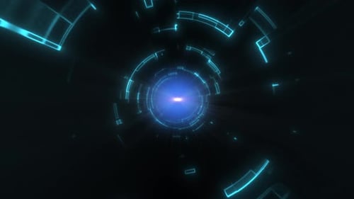 Abstract futuristic tunnel with concentric light rings and geometric patterns, central glowing light