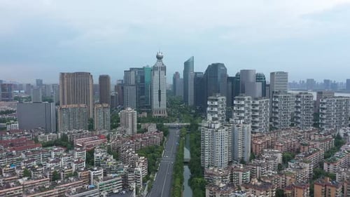 Aerial View of a Bustling City with Modern Skyscrapers Hangzhou China