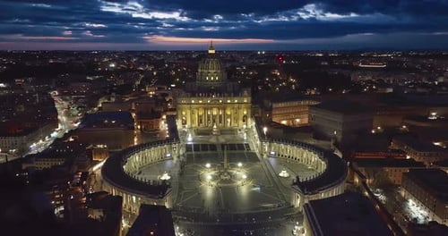 Papal Basilica of St Peter in the Vatican in Evening Night Illuminations Papal Basilica of Saint