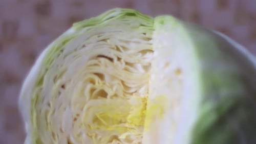 Close-up of a cut piece of cabbage.