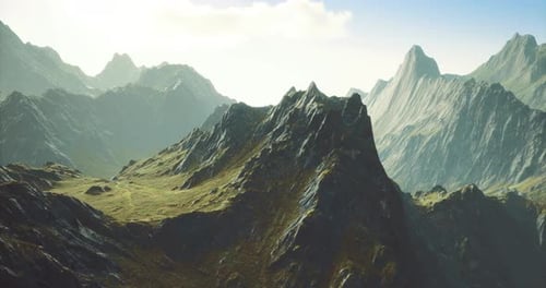 Majestic Mountain Landscape with Rugged Peaks and Lush Green Valleys at Dawn