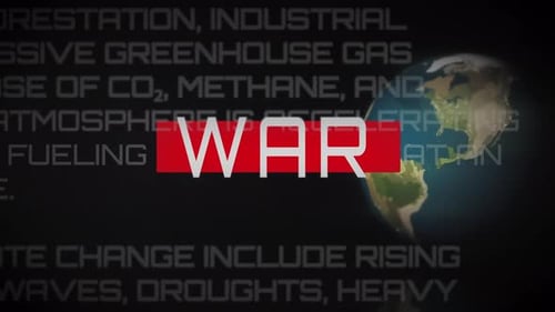 Fast zoom animation of WAR text on red block, set against global news headlines