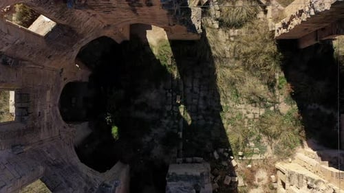 Aerial view of ruins of the abbey of Santa Maria de Vallsanta , Lleida