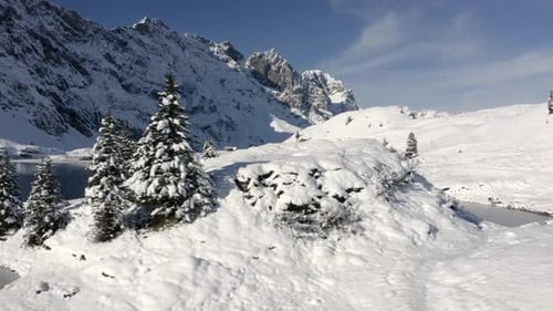 Aerial footage of sideways hover from trees to freezing lake in a winter landscape with lots of fres