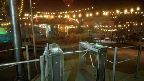 Empty Amusement Park at Night with Bright Lights and Deserted Attractions