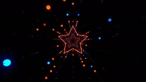 Blauer und orangefarbener festlicher sternförmiger Tunnel mit funkelnden Lichtern im Hintergrund, VJ Loop in 4K