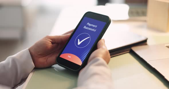 Hands, phone screen and payment notification for ecommerce, transaction ...