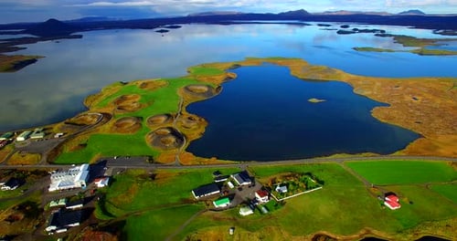 Drone footage volcanoes on a lake in Iceland