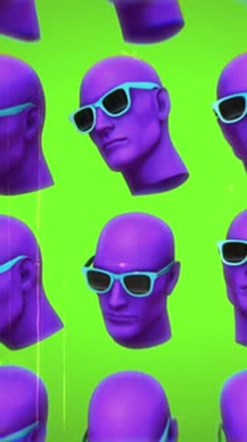 Vibrant Neon 3D Head Grid with Dynamic Glitch Effect