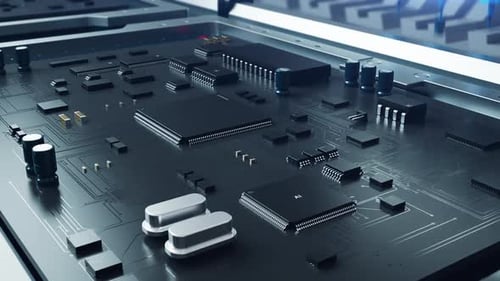 production of microelectronics system chips using an automated system. animation has a loop