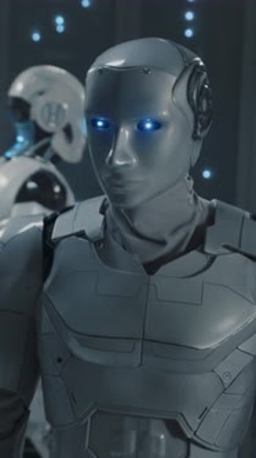Portrait d'un travailleur automatisé intelligent d'un robot cybernétique dans des racks de serveurs informatiques de haute technologie