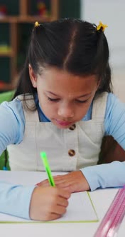 Homework, learning and writing with girl student at desk in home for assessment