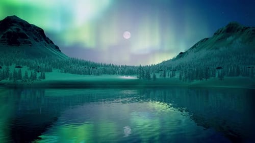 Aurora Borealis im Winter über dem See