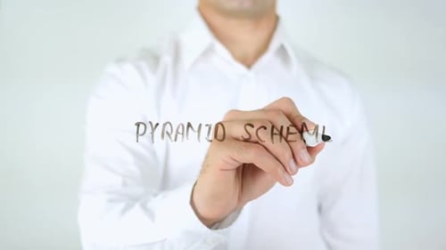 Pyramidenschema, Mann schreibt auf Glas