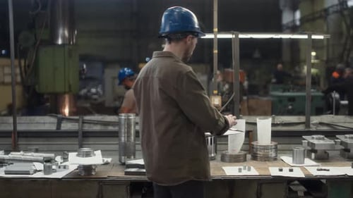 Factory Worker Reviews Document in Manufacturing Setting