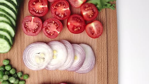 Fresh Sliced Vegetables Circle Piece Heap Serving Wooden Board Salad Recipe Cooking Top View
