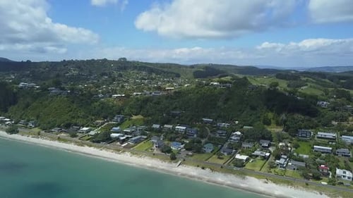 Fifth and last Drone top view beach village on the beautiful Waiheke Island Onetangi Beach New Zeala