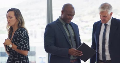 Business people, portfolio or speaking in meeting for financial reports