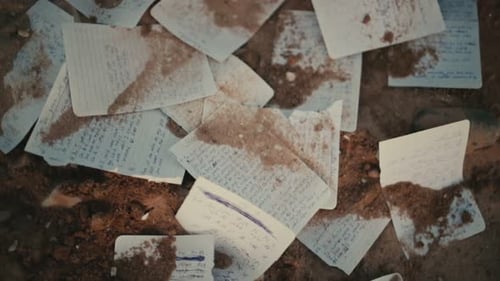 Scattered torn out pages from diary lying half-buried in dirt