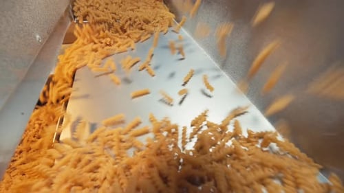 Pasta factory and pasta production stages. Close up of dry macaroni spilling from machine unit on mo